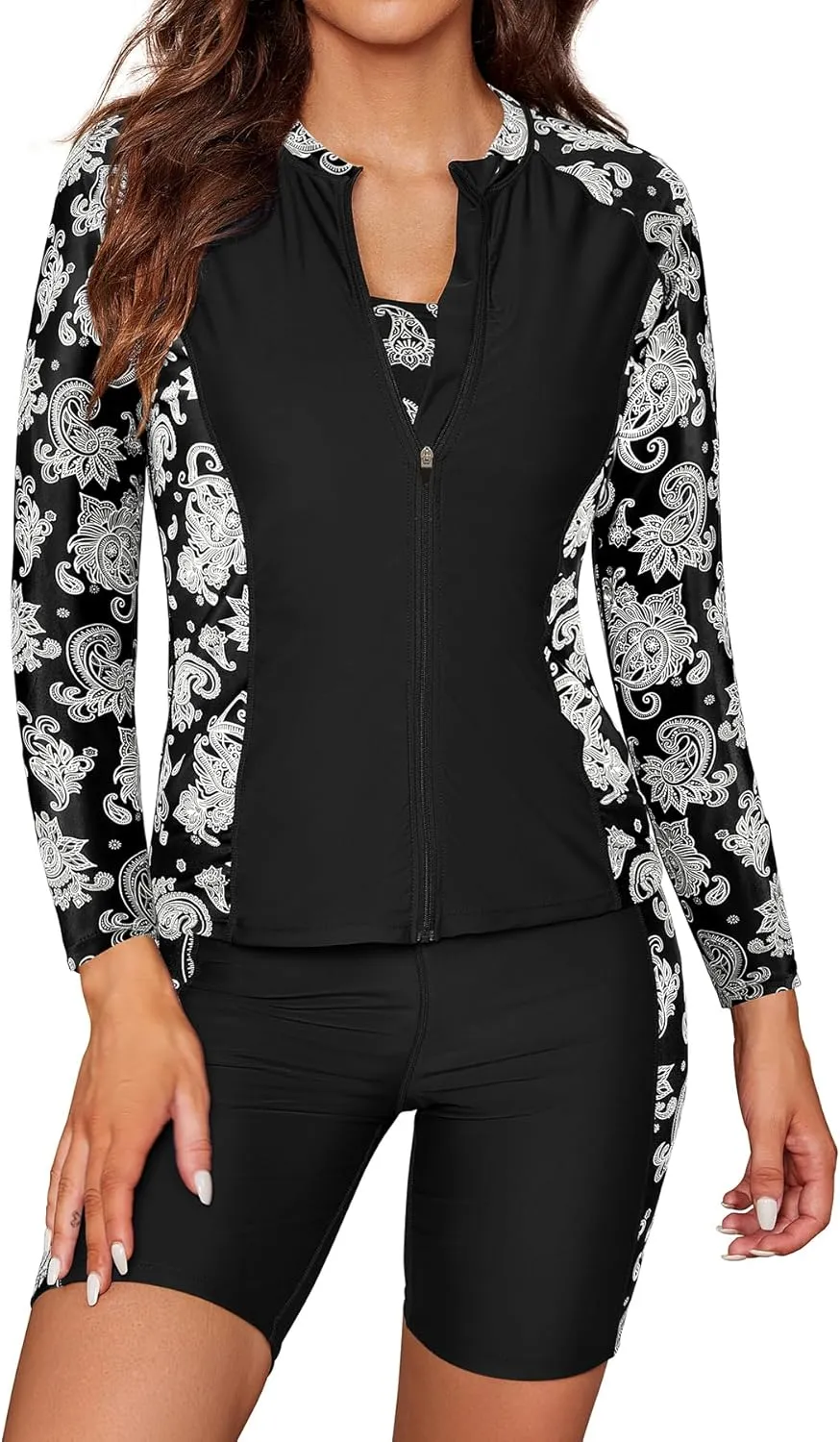 SHEKINI Women's 3 Piece Rash Guard Long Sleeve Swimsuits Zip Bathing Suits with Pants UPF 50  Shirt