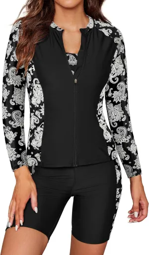 SHEKINI Women's 3 Piece Rash Guard Long Sleeve Swimsuits Zip Bathing Suits with Pants UPF 50  Shirt