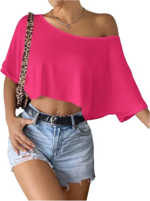 SHENHE Women's Crop Top Asymmetrical Neck Half Sleeve Loose T Shirt Off Shoulder Tops