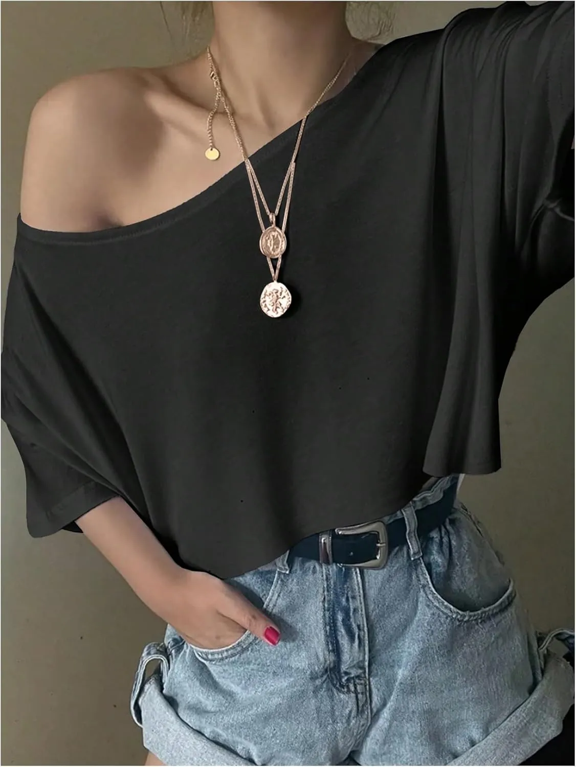SHENHE Women's Crop Top Asymmetrical Neck Half Sleeve Loose T Shirt Off Shoulder Tops
