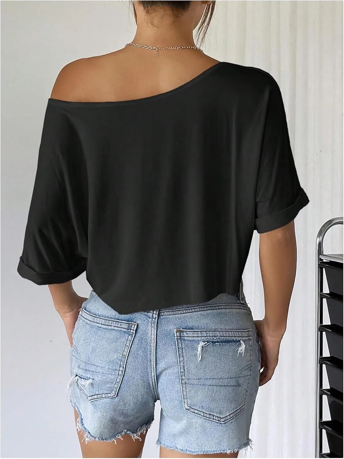 SHENHE Women's Crop Top Asymmetrical Neck Half Sleeve Loose T Shirt Off Shoulder Tops