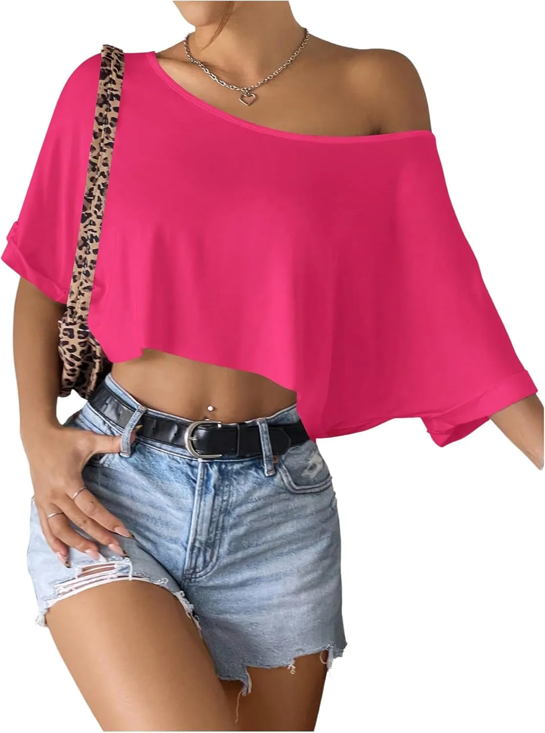 SHENHE Women's Crop Top Asymmetrical Neck Half Sleeve Loose T Shirt Off Shoulder Tops
