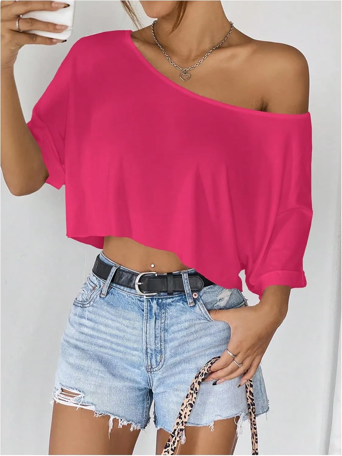 SHENHE Women's Crop Top Asymmetrical Neck Half Sleeve Loose T Shirt Off Shoulder Tops