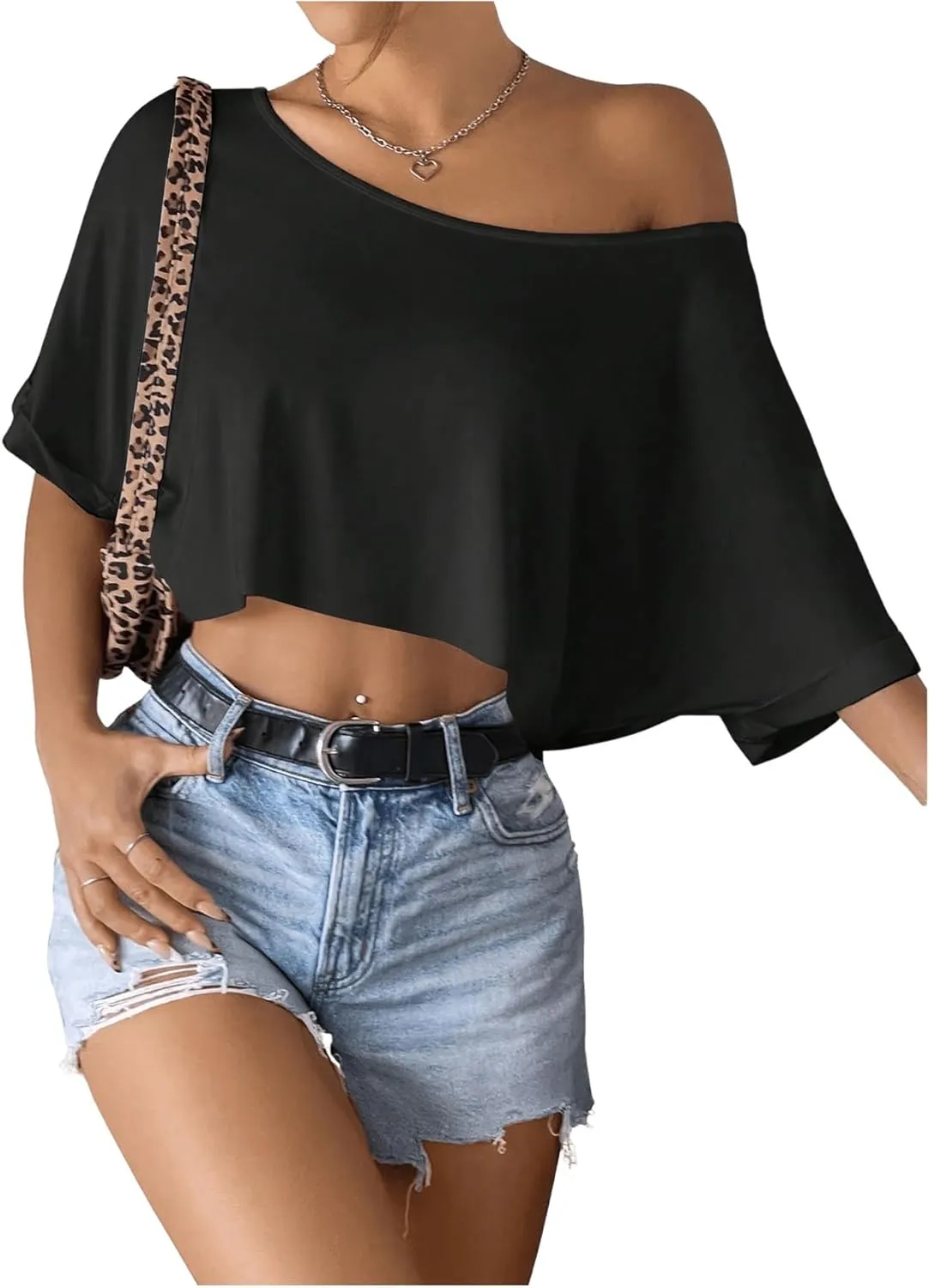 SHENHE Women's Crop Top Asymmetrical Neck Half Sleeve Loose T Shirt Off Shoulder Tops