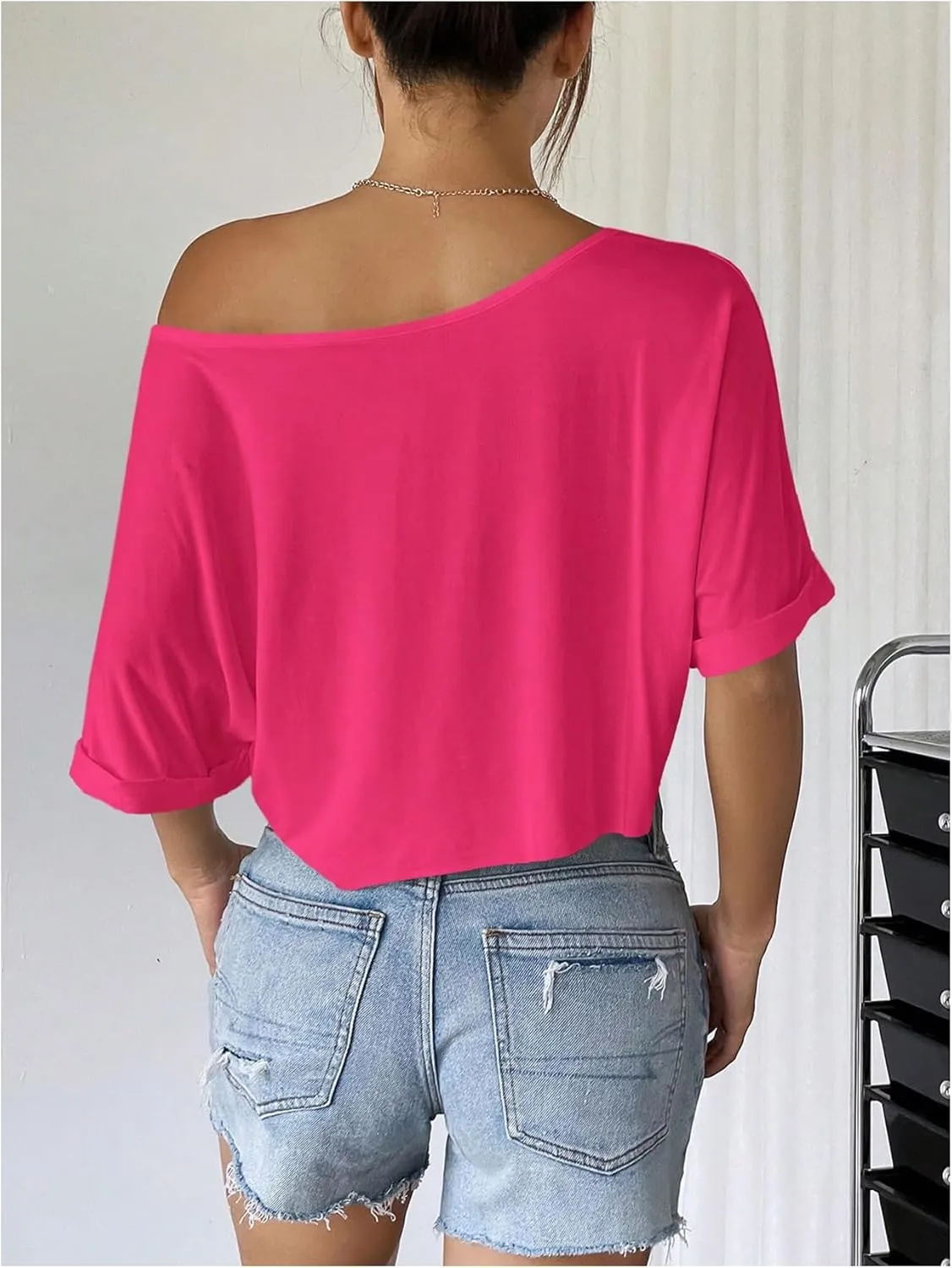 SHENHE Women's Crop Top Asymmetrical Neck Half Sleeve Loose T Shirt Off Shoulder Tops