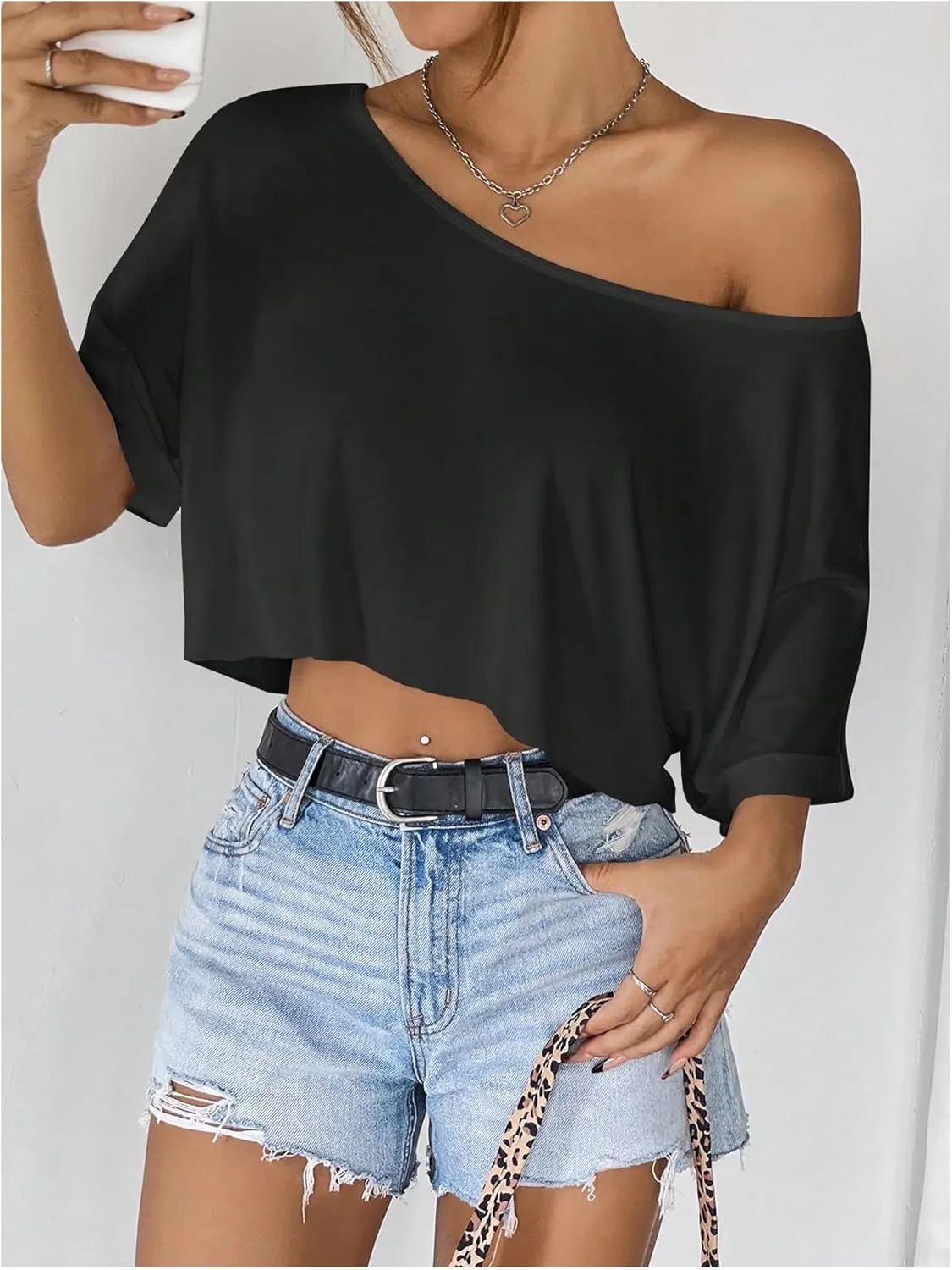 SHENHE Women's Crop Top Asymmetrical Neck Half Sleeve Loose T Shirt Off Shoulder Tops