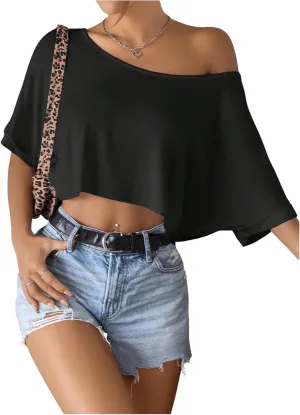 SHENHE Women's Crop Top Asymmetrical Neck Half Sleeve Loose T Shirt Off Shoulder Tops