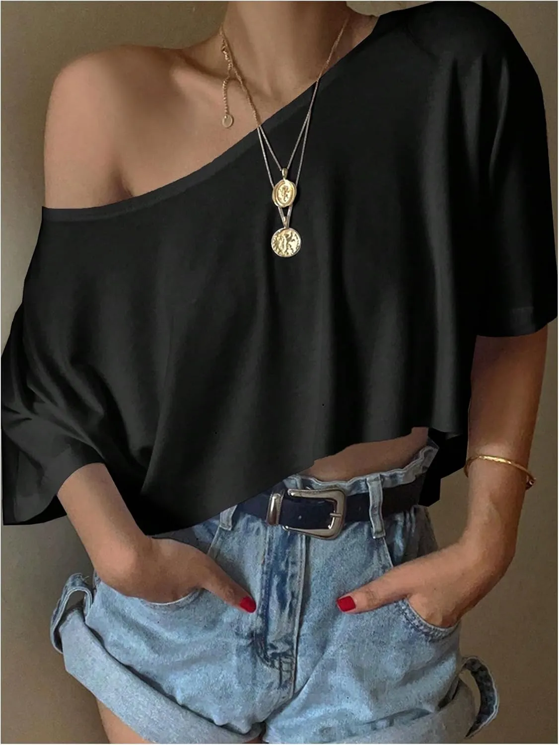 SHENHE Women's Crop Top Asymmetrical Neck Half Sleeve Loose T Shirt Off Shoulder Tops