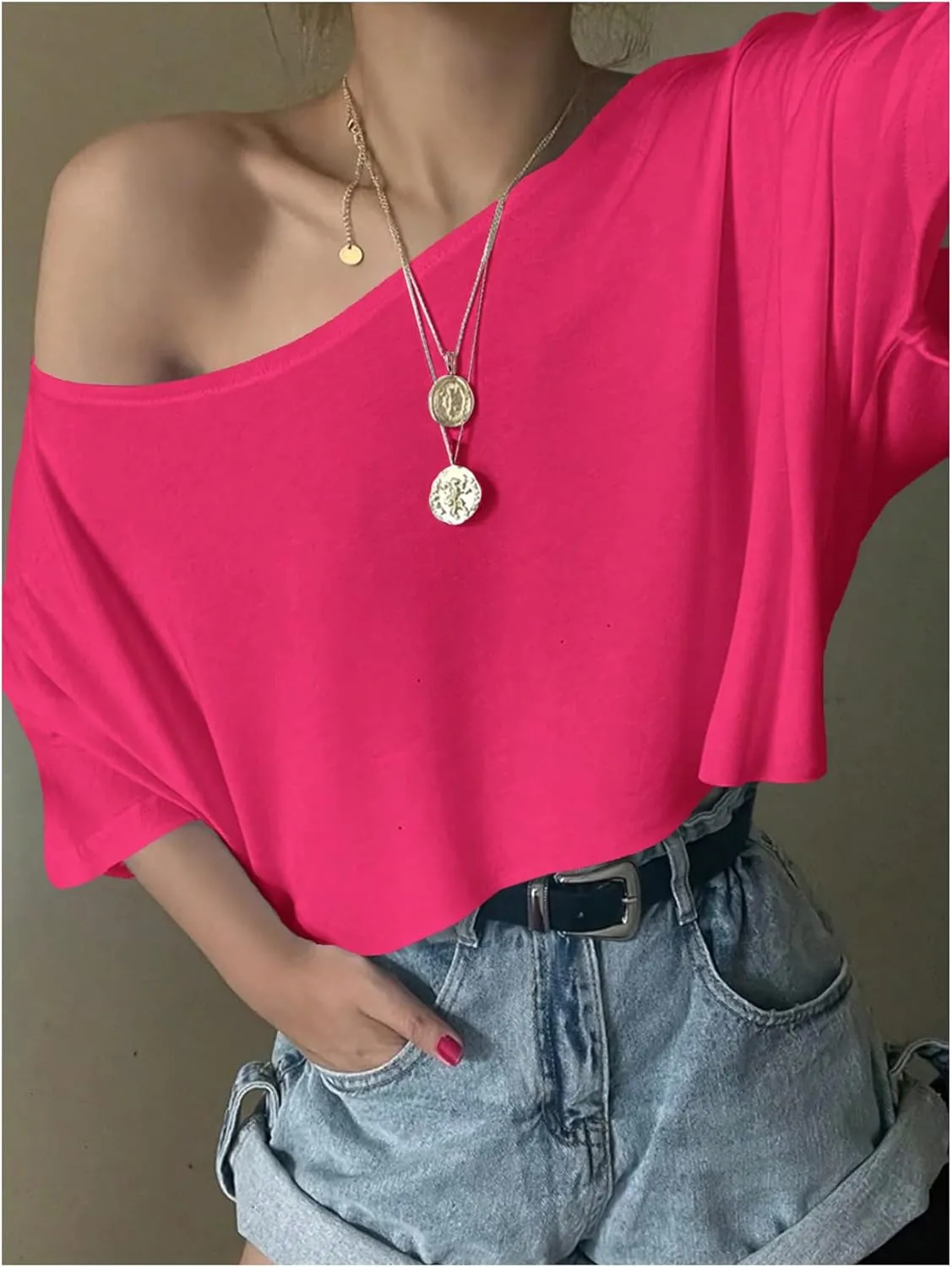 SHENHE Women's Crop Top Asymmetrical Neck Half Sleeve Loose T Shirt Off Shoulder Tops