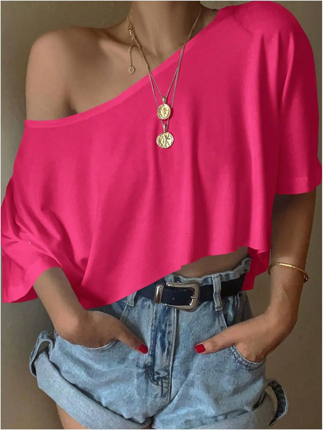 SHENHE Women's Crop Top Asymmetrical Neck Half Sleeve Loose T Shirt Off Shoulder Tops