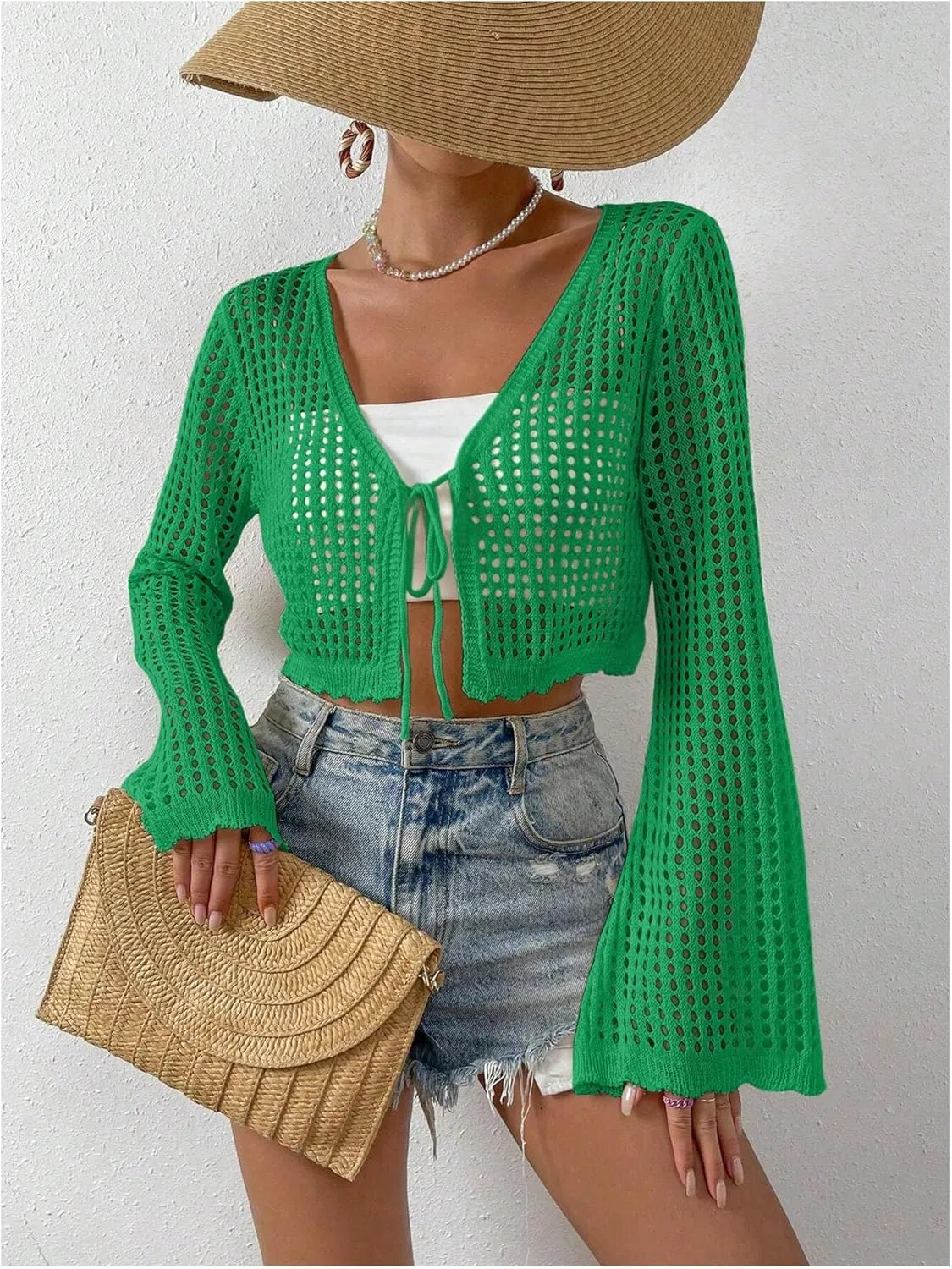 SHENHE Women's Tie Front Tops Bell Long Sleeve Knit Crochet Cardigan Crop Top