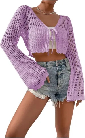 SHENHE Women's Tie Front Tops Bell Long Sleeve Knit Crochet Cardigan Crop Top