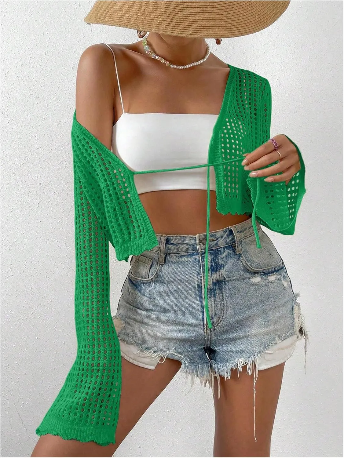 SHENHE Women's Tie Front Tops Bell Long Sleeve Knit Crochet Cardigan Crop Top