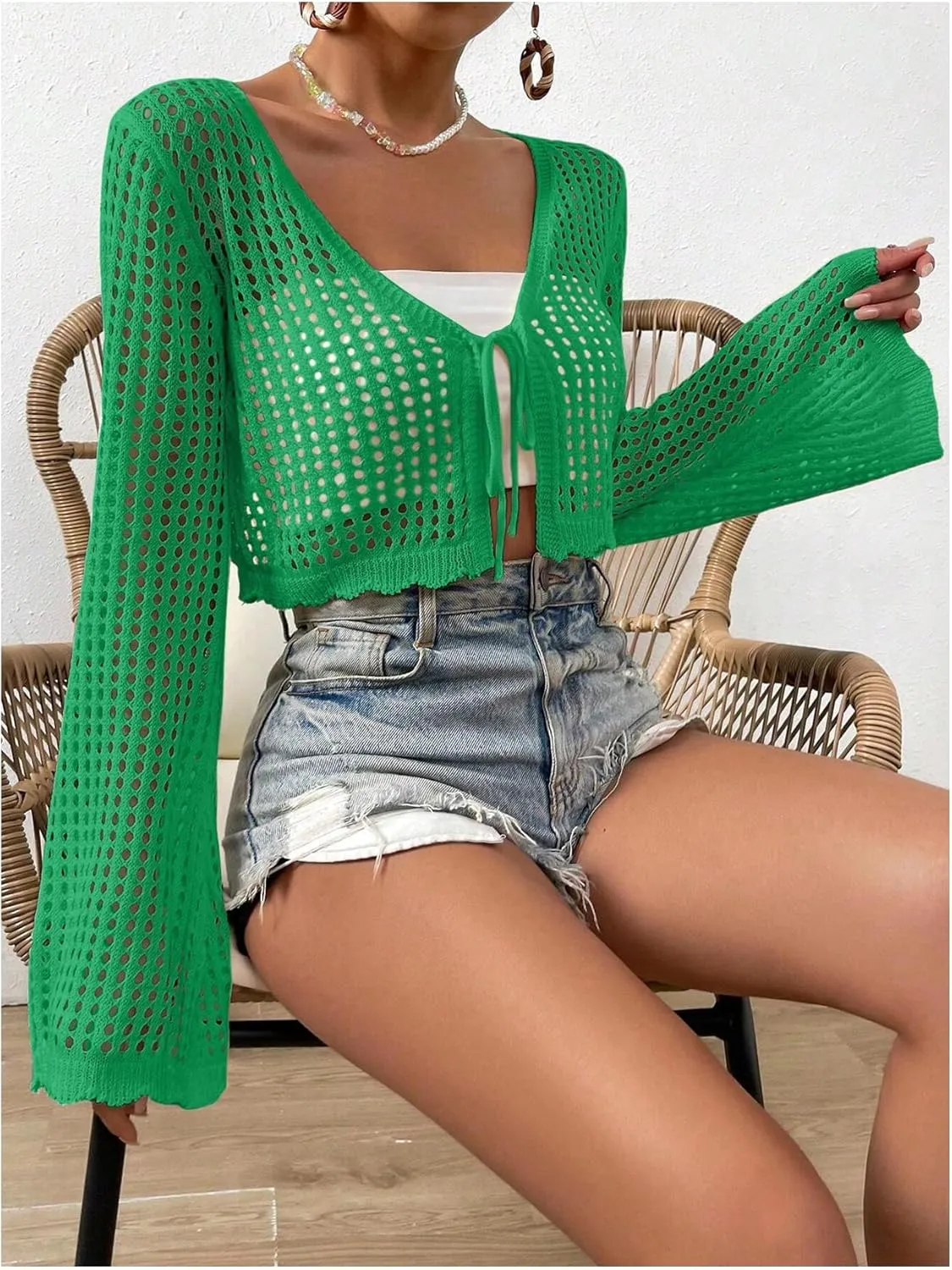 SHENHE Women's Tie Front Tops Bell Long Sleeve Knit Crochet Cardigan Crop Top
