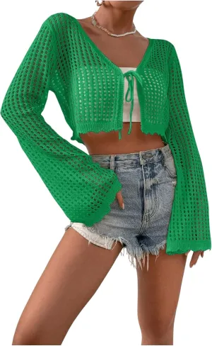 SHENHE Women's Tie Front Tops Bell Long Sleeve Knit Crochet Cardigan Crop Top
