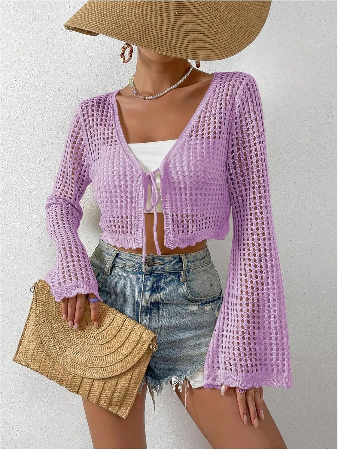 SHENHE Women's Tie Front Tops Bell Long Sleeve Knit Crochet Cardigan Crop Top