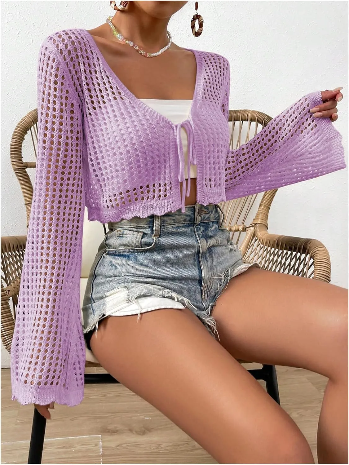 SHENHE Women's Tie Front Tops Bell Long Sleeve Knit Crochet Cardigan Crop Top