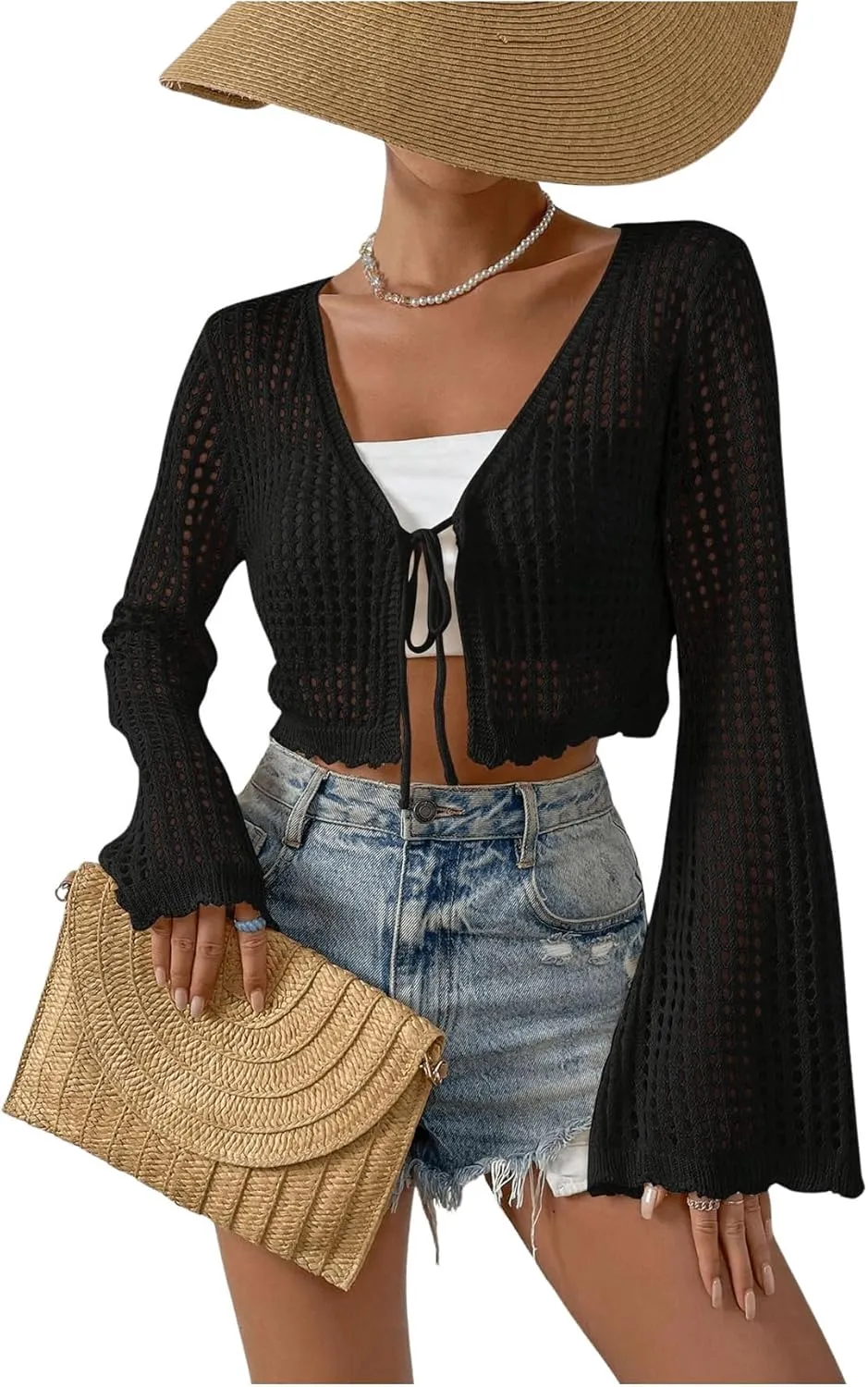 SHENHE Women's Tie Front Tops Bell Long Sleeve Knit Crochet Cardigan Crop Top
