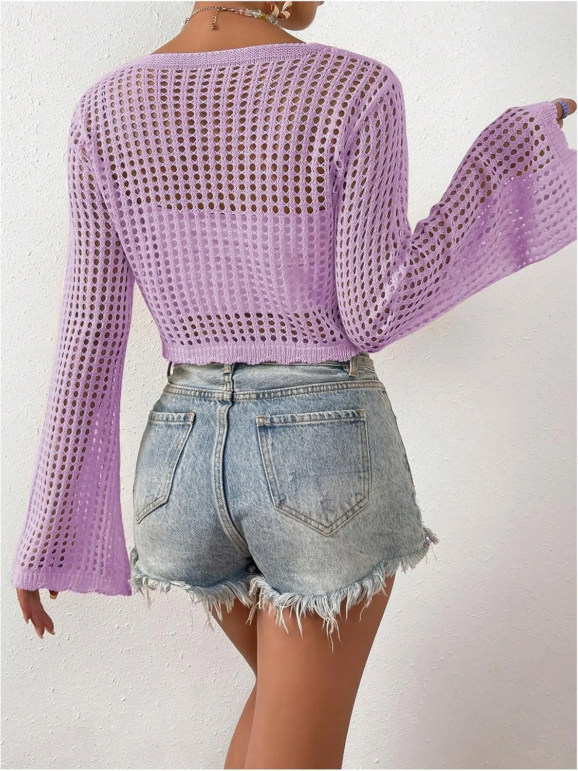 SHENHE Women's Tie Front Tops Bell Long Sleeve Knit Crochet Cardigan Crop Top