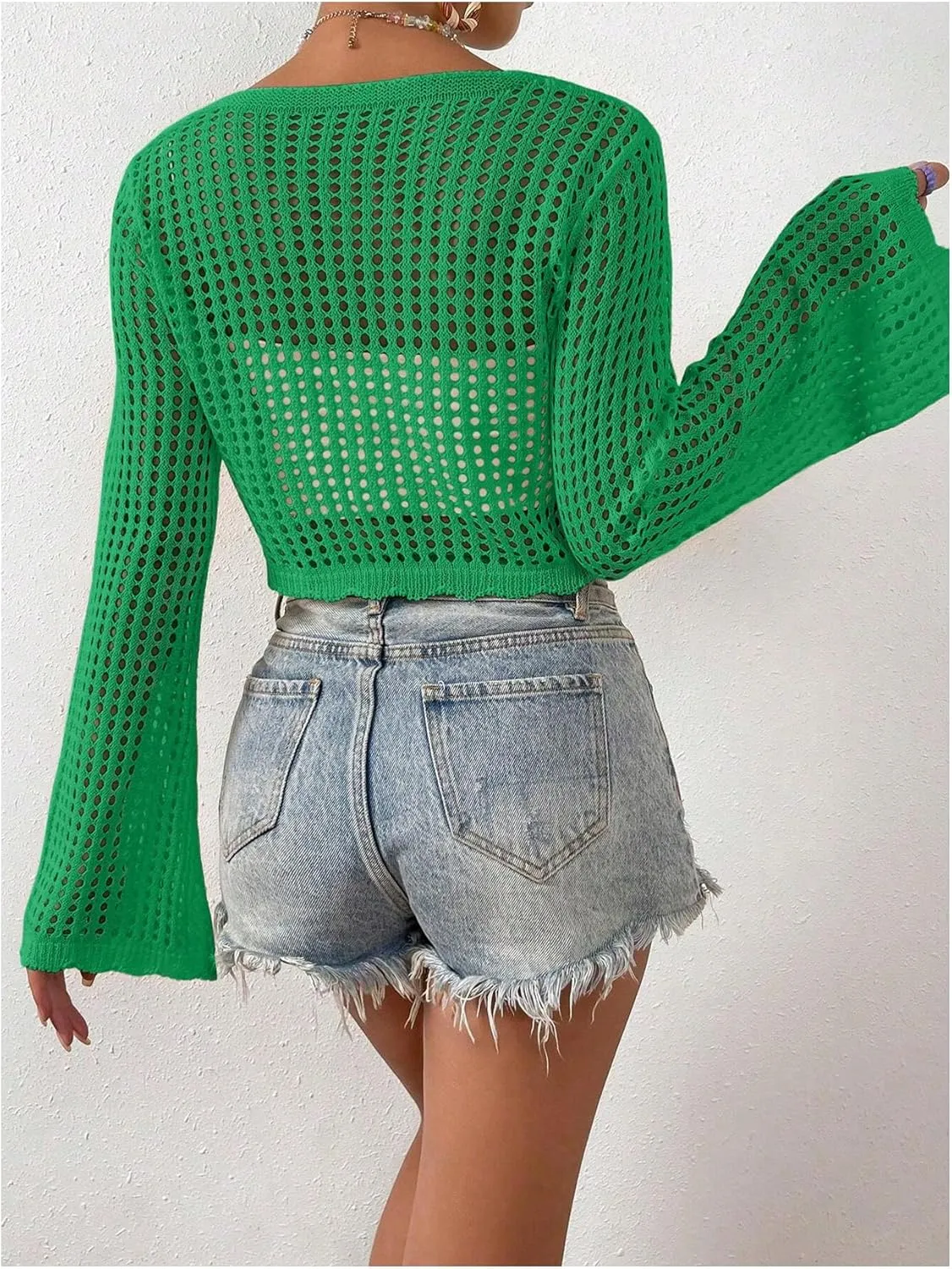 SHENHE Women's Tie Front Tops Bell Long Sleeve Knit Crochet Cardigan Crop Top