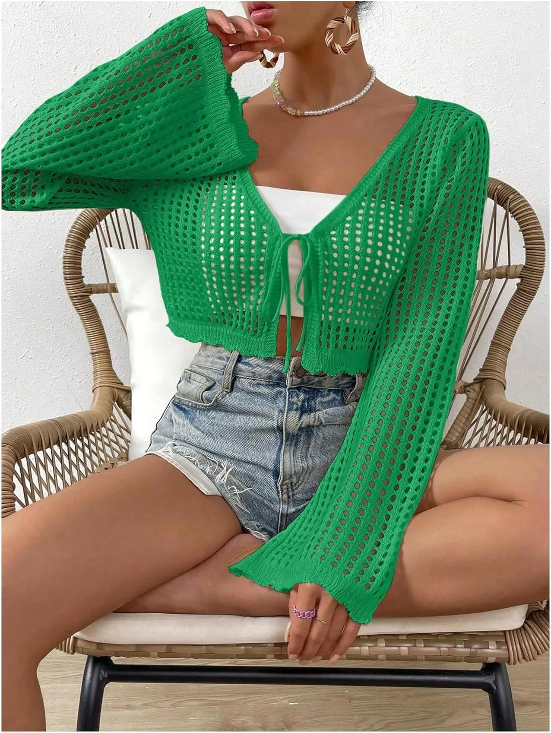 SHENHE Women's Tie Front Tops Bell Long Sleeve Knit Crochet Cardigan Crop Top