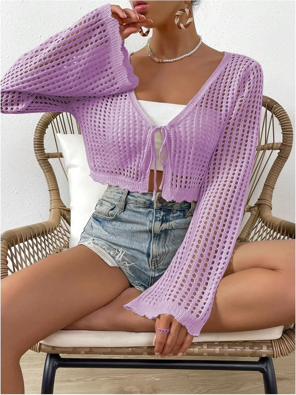SHENHE Women's Tie Front Tops Bell Long Sleeve Knit Crochet Cardigan Crop Top