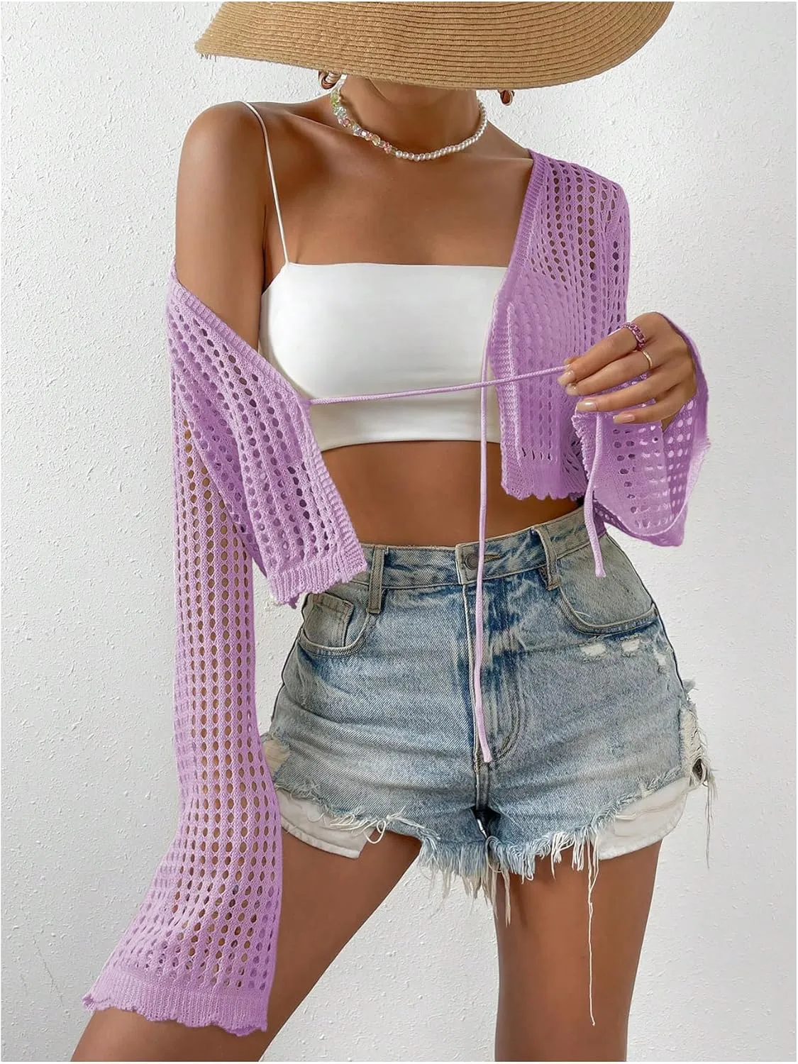 SHENHE Women's Tie Front Tops Bell Long Sleeve Knit Crochet Cardigan Crop Top