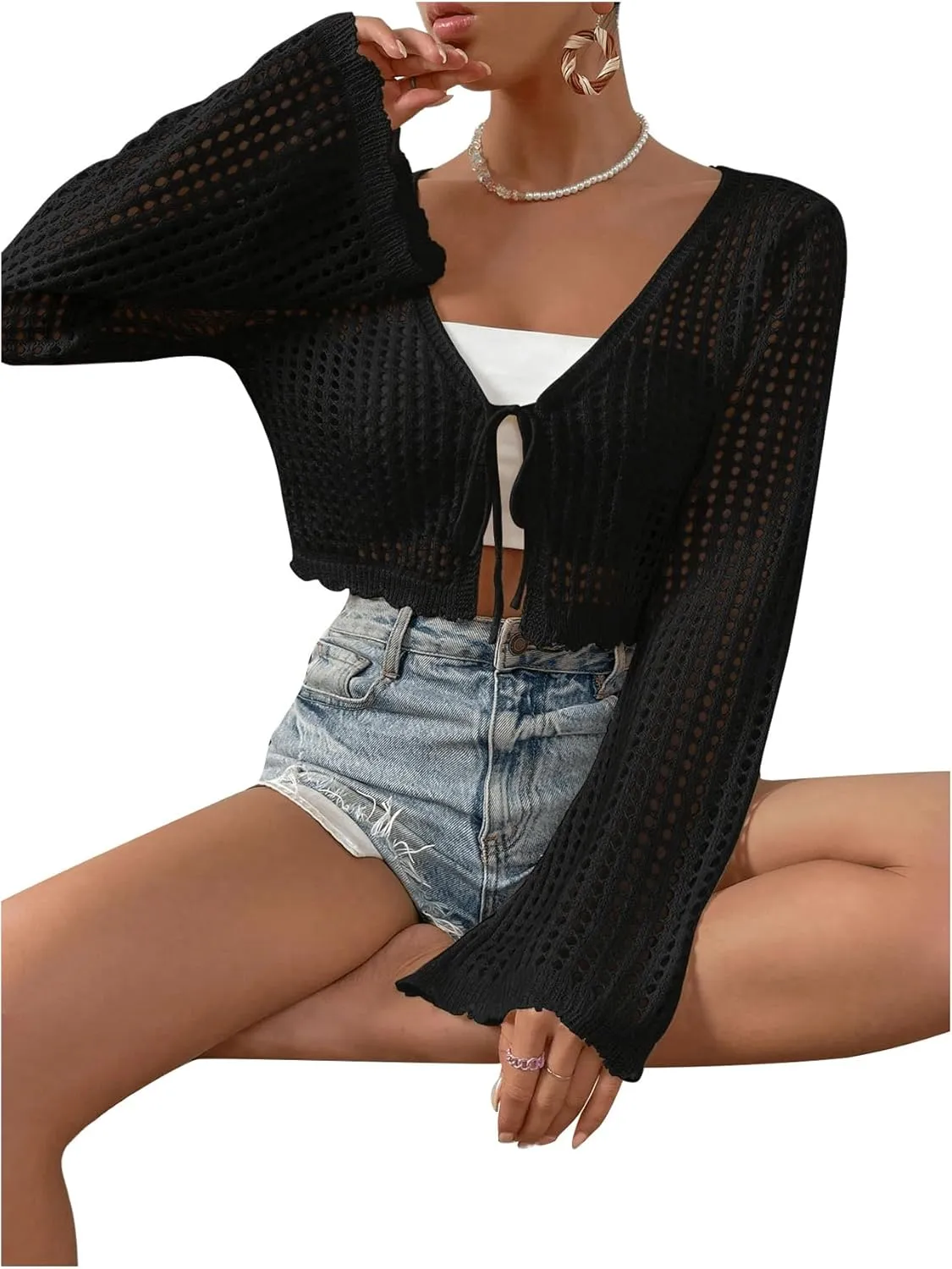 SHENHE Women's Tie Front Tops Bell Long Sleeve Knit Crochet Cardigan Crop Top