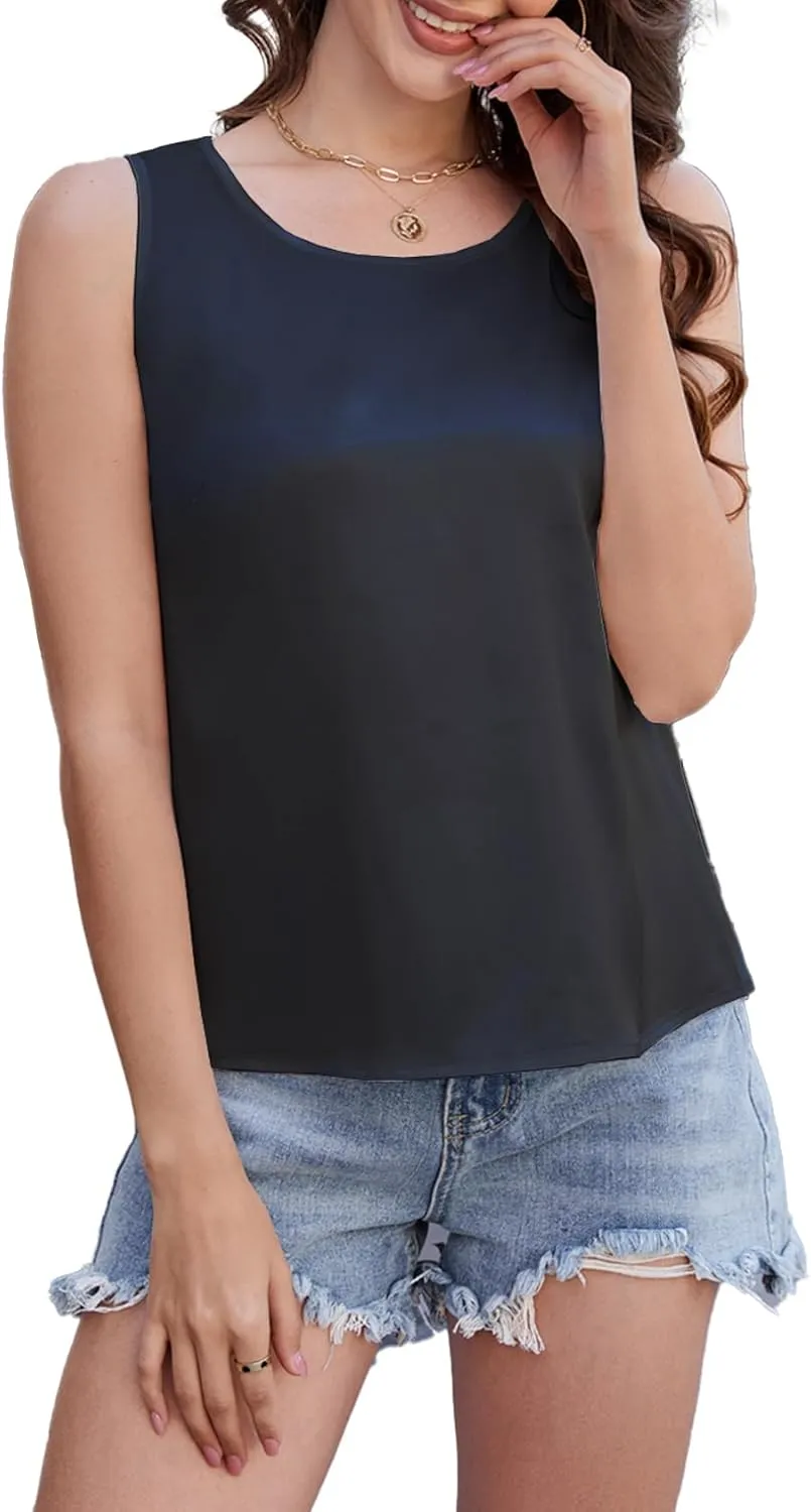 Silk Satin Tank Tops for Women Camisole Crew Neck Sleeveless Cami Summer 2025