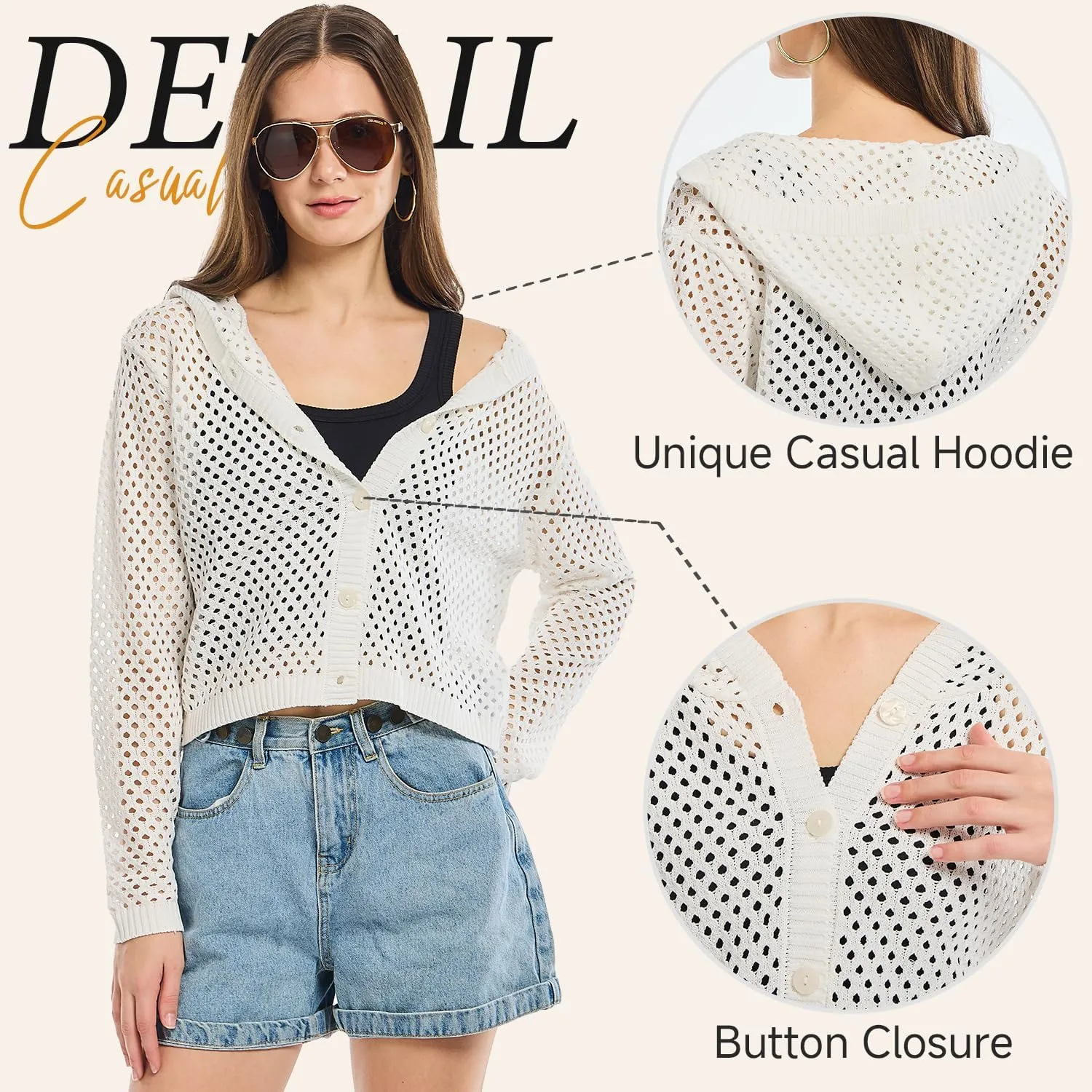 Simple&Opulence Women's Crochet Cardigan Cover Up Lightweight V Neck Summer Mesh Sweater Knit Tops Casual Jacket Hooded