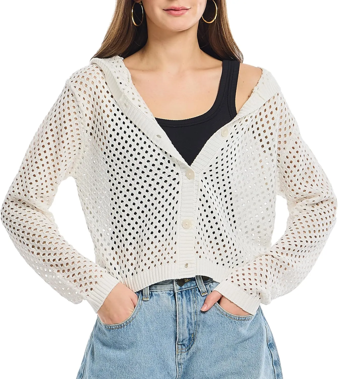 Simple&Opulence Women's Crochet Cardigan Cover Up Lightweight V Neck Summer Mesh Sweater Knit Tops Casual Jacket Hooded