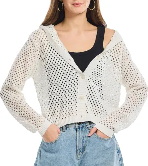 Simple&Opulence Women's Crochet Cardigan Cover Up Lightweight V Neck Summer Mesh Sweater Knit Tops Casual Jacket Hooded