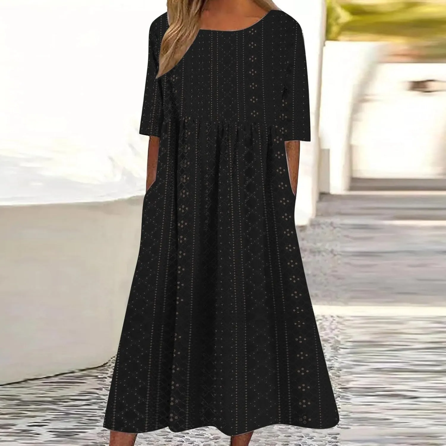 Sinzelimin Women Midi Dress Fashion Hollow Breathable Short Sleeves O-Neck Eyelet Mid-Calf Dress Summer Beach Casual Sundress