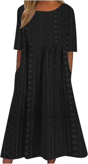 Sinzelimin Women Midi Dress Fashion Hollow Breathable Short Sleeves O-Neck Eyelet Mid-Calf Dress Summer Beach Casual Sundress