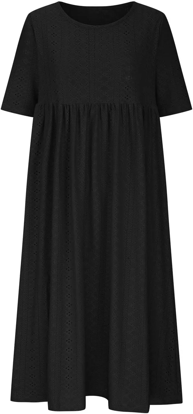 Sinzelimin Women Midi Dress Fashion Hollow Breathable Short Sleeves O-Neck Eyelet Mid-Calf Dress Summer Beach Casual Sundress