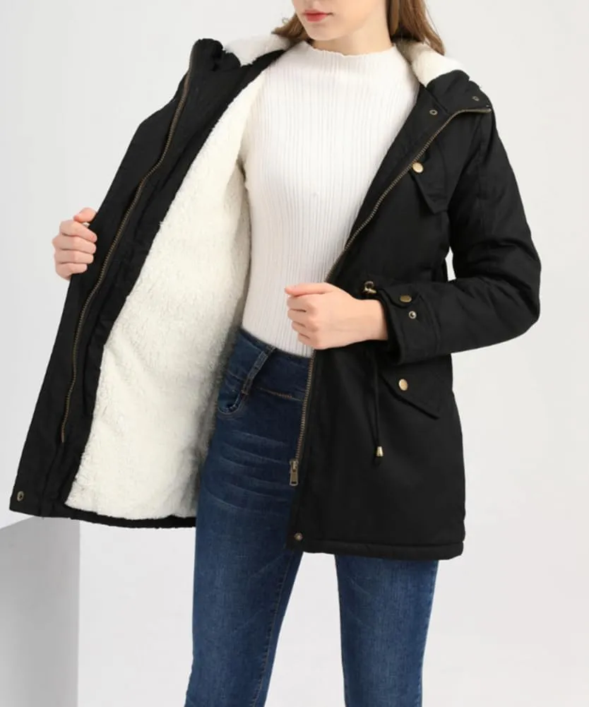 Sister Amy Women Trench Coat Fleece-Lined Mid-length Jacket with Detachable Collar