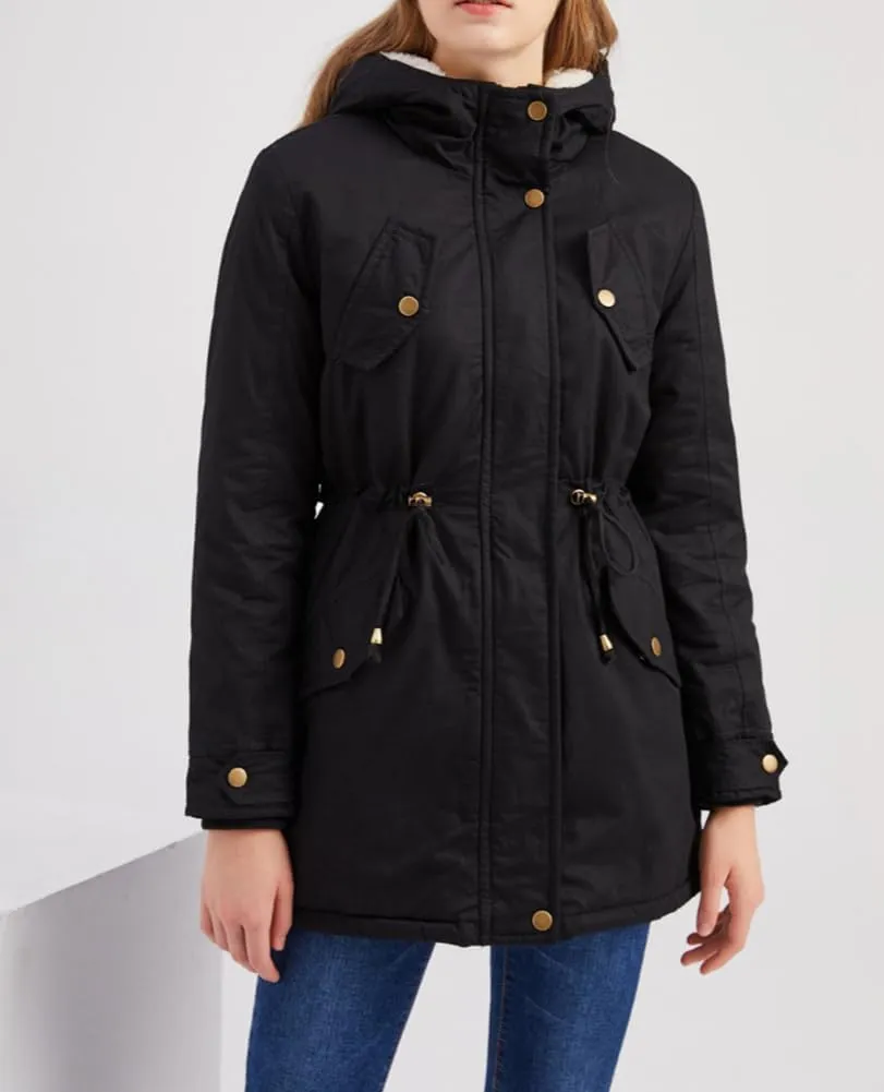 Sister Amy Women Trench Coat Fleece-Lined Mid-length Jacket with Detachable Collar