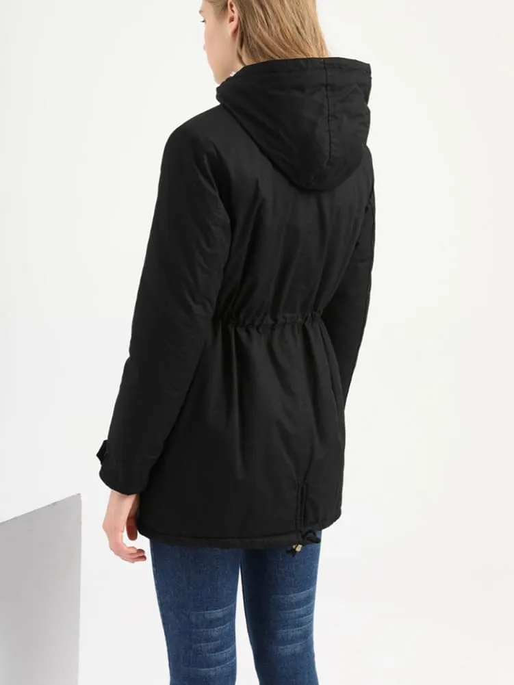 Sister Amy Women Trench Coat Fleece-Lined Mid-length Jacket with Detachable Collar