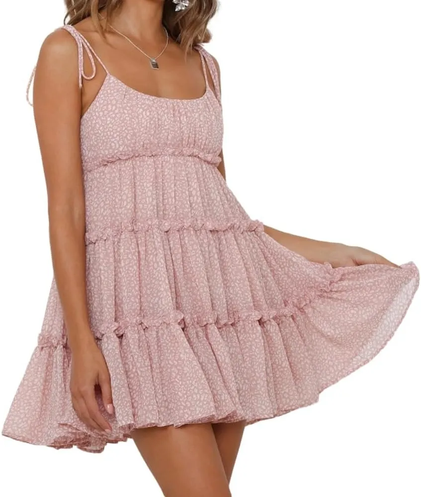 Sister Amy Women's Summer Floral Mini Dress Boho Flowy Skater Dresses Short Sleeveless Ruffle Spaghetti Strap Dress