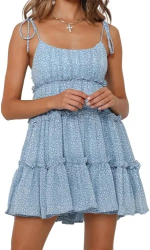Sister Amy Women's Summer Floral Mini Dress Boho Flowy Skater Dresses Short Sleeveless Ruffle Spaghetti Strap Dress