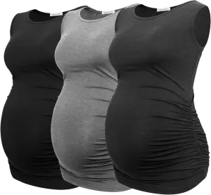 Smallshow Women's Maternity Tank Tops Sleeveless Ruched Pregnancy Clothes 3-Pack