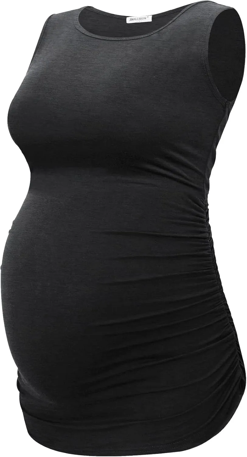Smallshow Women's Maternity Tank Tops Sleeveless Ruched Pregnancy Clothes 3-Pack