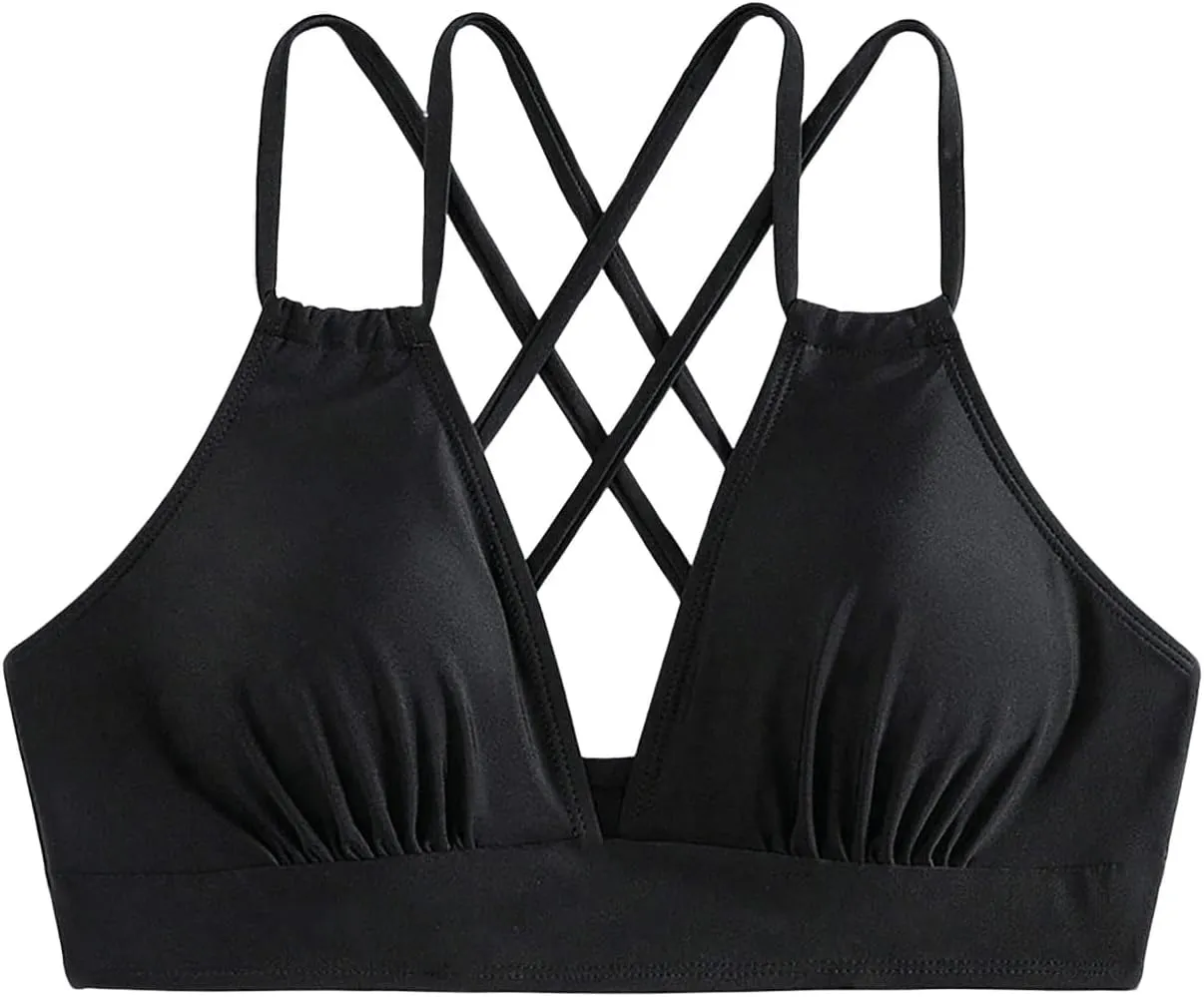SOLY HUX Women's Bikini Tops V Neck Criss Cross Back Spaghetti Strap Padded Bathing Suit Swim Top Only