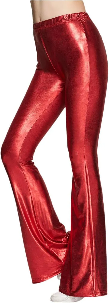 SOMTHRON Women's Elastic Waist Shinny Wide Leg Leggings Trousers High Waist Stretchy Leather Bell Bottoms Flare Pants
