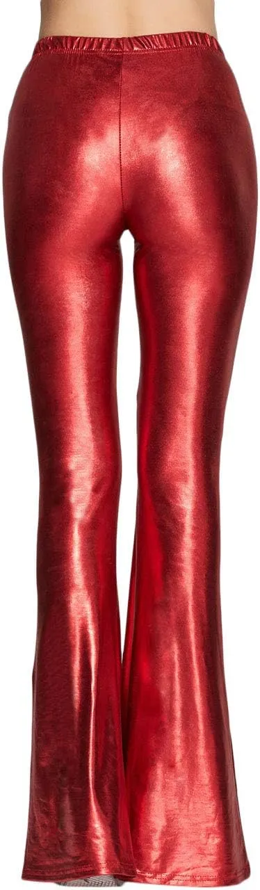 SOMTHRON Women's Elastic Waist Shinny Wide Leg Leggings Trousers High Waist Stretchy Leather Bell Bottoms Flare Pants