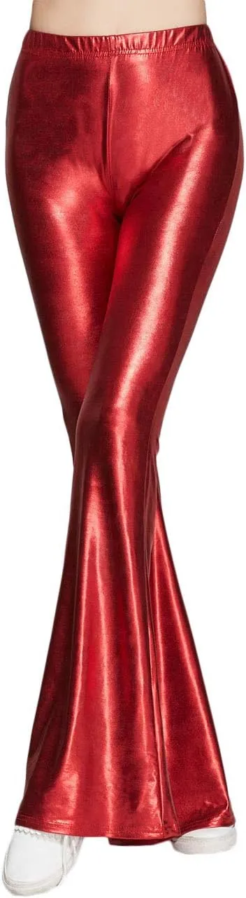 SOMTHRON Women's Elastic Waist Shinny Wide Leg Leggings Trousers High Waist Stretchy Leather Bell Bottoms Flare Pants