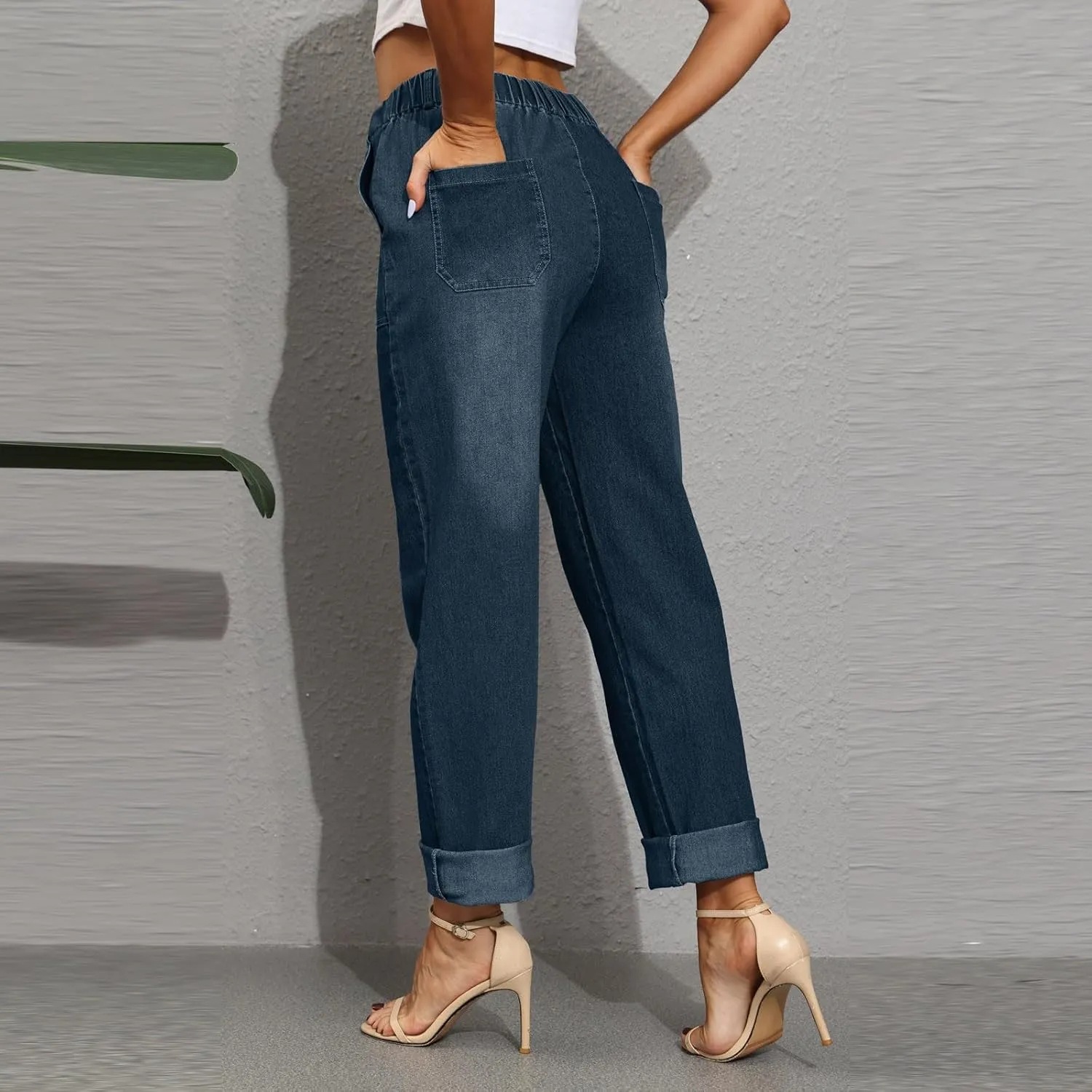 Straight Leg Jeans for Women Drawstring Elastic Waist Pull On Jeans Stretchy Boyfriend Baggy Cropped Denim Joggers