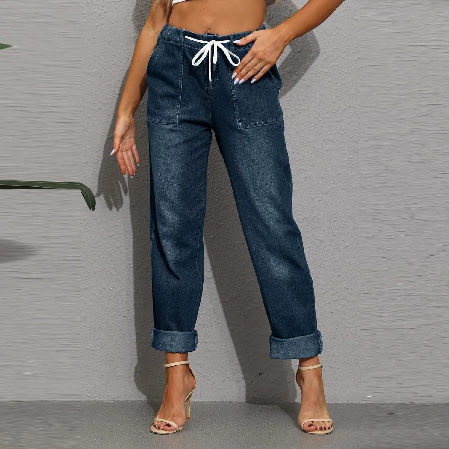 Straight Leg Jeans for Women Drawstring Elastic Waist Pull On Jeans Stretchy Boyfriend Baggy Cropped Denim Joggers