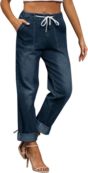 Straight Leg Jeans for Women Drawstring Elastic Waist Pull On Jeans Stretchy Boyfriend Baggy Cropped Denim Joggers