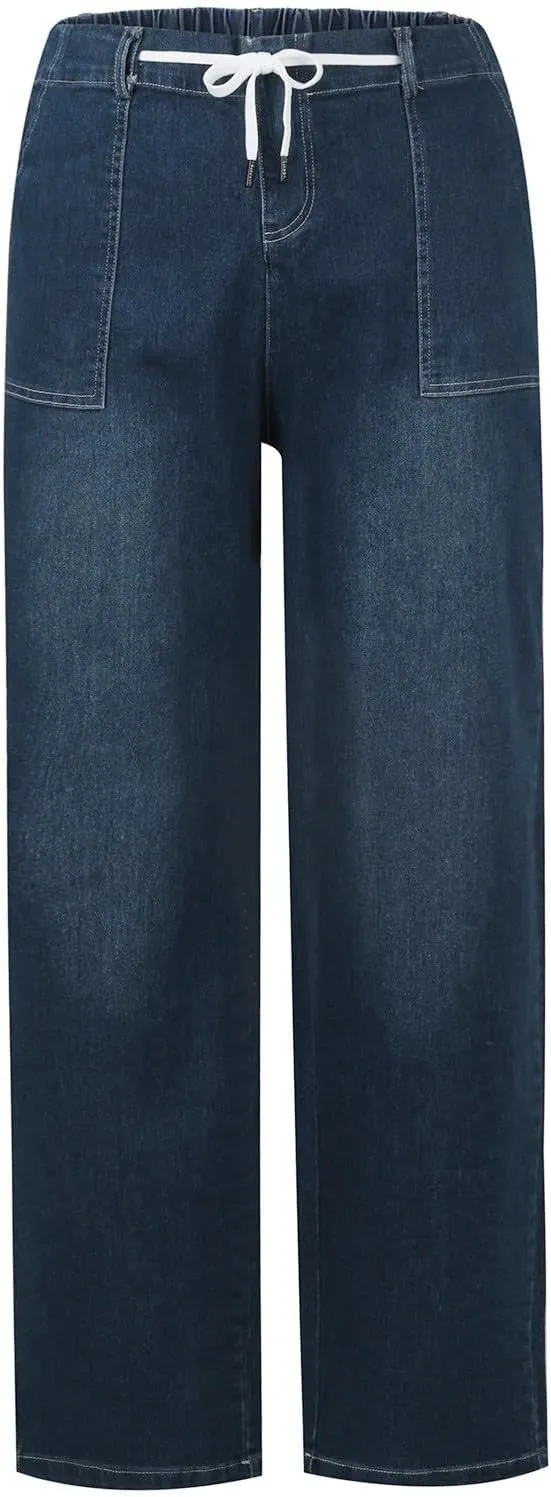 Straight Leg Jeans for Women Drawstring Elastic Waist Pull On Jeans Stretchy Boyfriend Baggy Cropped Denim Joggers